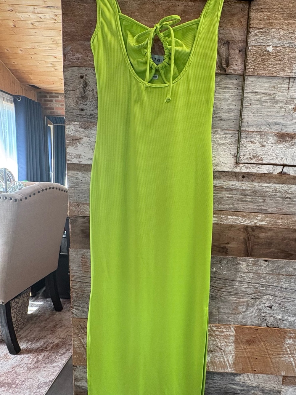 Almost Famous Neon Lime Ribbed Tank with Front Drawstring - Picture 2 of 8
